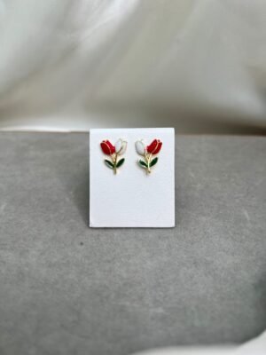 areteRosa Aretes - Tulipán Rojo con Blanco